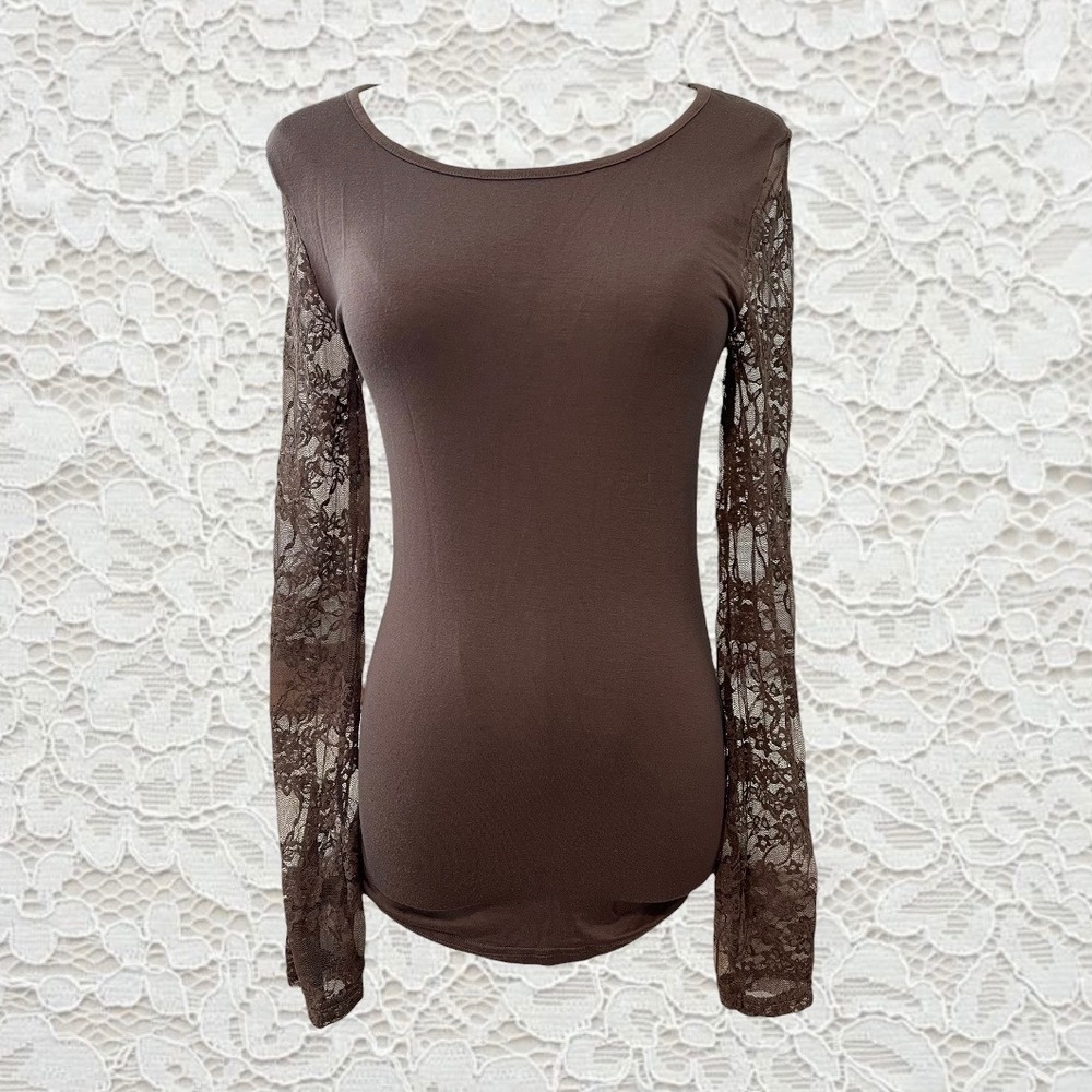 vintage brown lace back long sleeve top